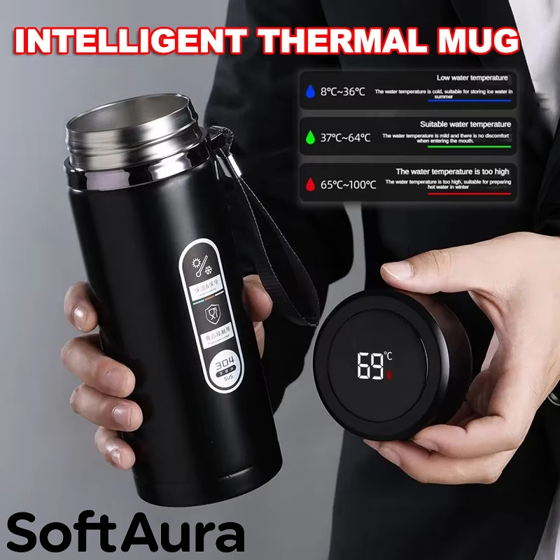 Smart Water Bottle Tracker - 소프트아우라 스테인리스 보온병 LED 온도 표시